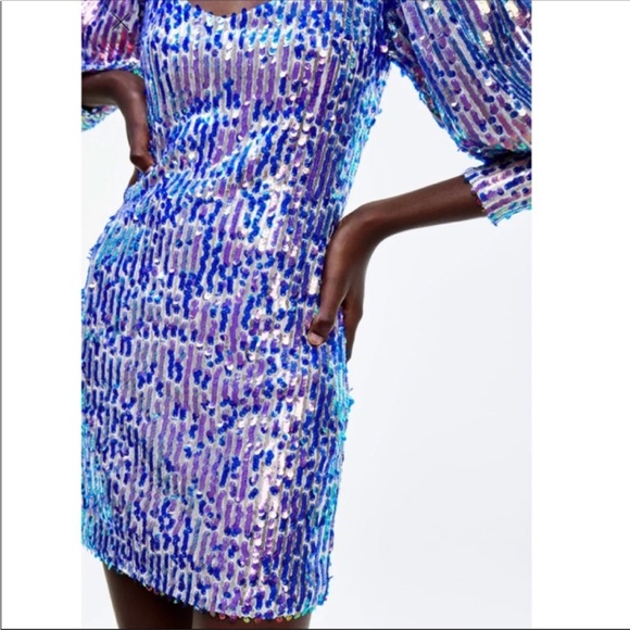 Zara Limited Edition Blue Pink Purple Long Sleeve Sequin Mini Dress sz S - Picture 3 of 12